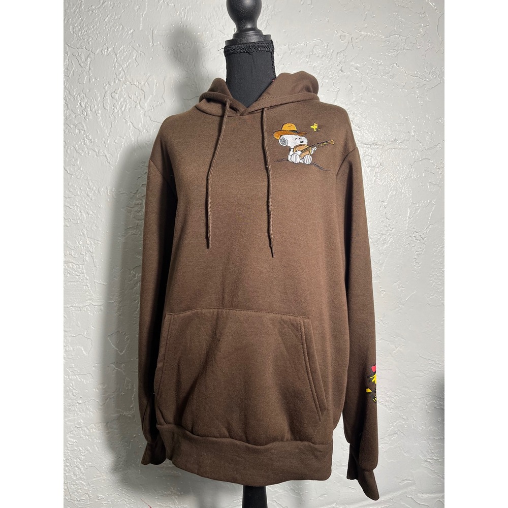 Peanuts Snoopy Brown Graphic Hoodie Banjo Woodstock Size M